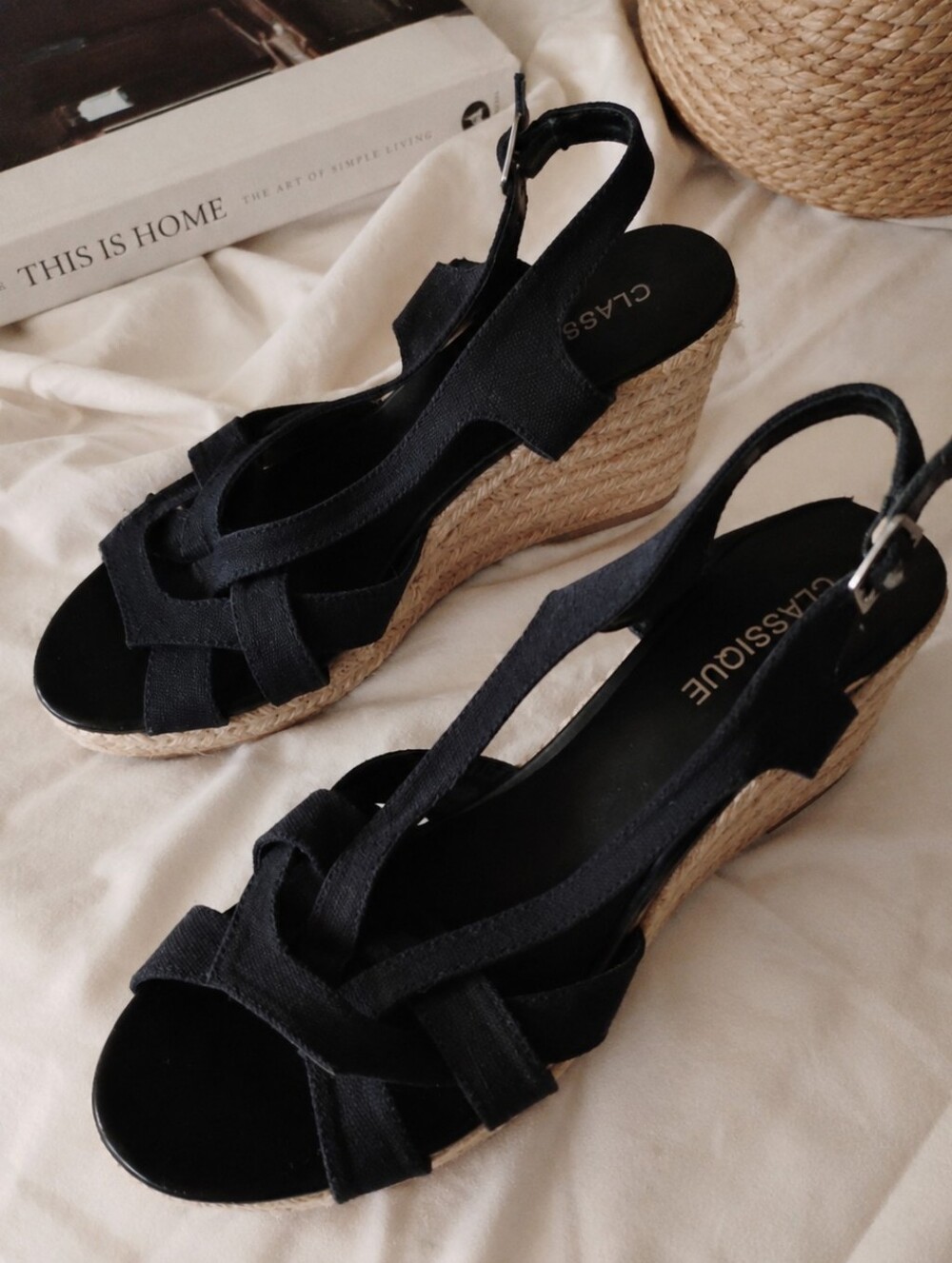 Black Wedge Espadrille Sandals with Knotted Straps - Women's Wedges